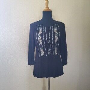 Sanctuary Embroidered Tunic Knit Top S Black